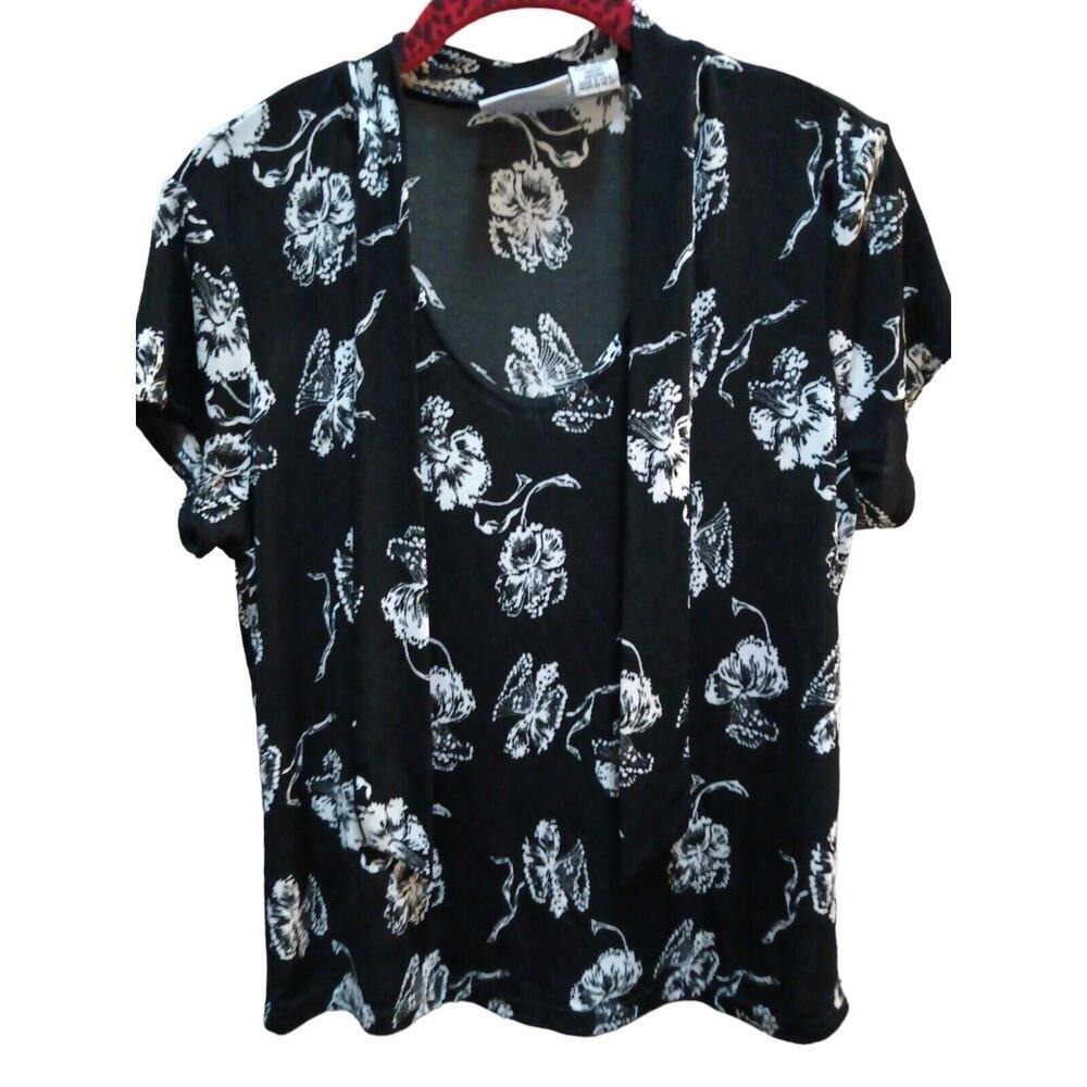 Jaclyn Smith Classic Black Blouse Neck Tie Flowers Size M